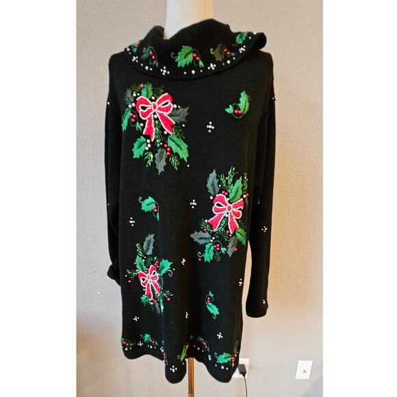 Victoria Jones Embroidered Bows Holly Beaded Cowl Neck Christmas Sweater Tunic L - Picture 1 of 6